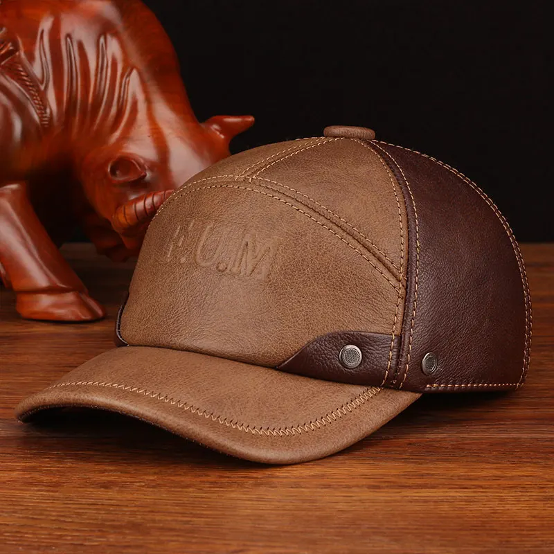 

HL063 Men Genuine Leather Hat Cap Gatsby Flat Golf Cabbie Baker Beret Retro boy baseball caps hats