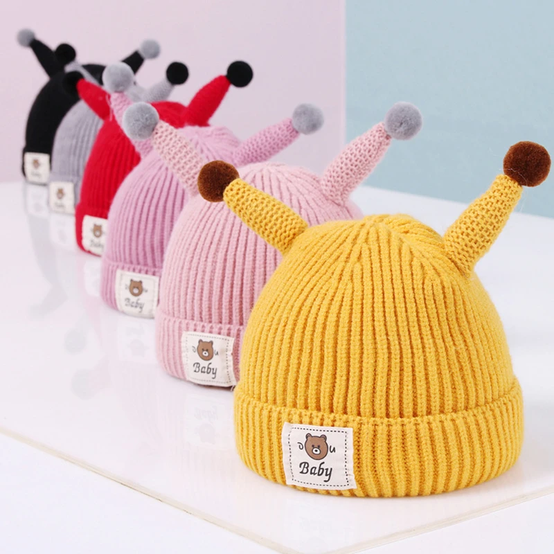 Baby Winter Warm Wool Knit Hats Cute Bear Letter Children Caps Girls Boys Casual Yellow Hat New Newborn Child Cartoon Cap