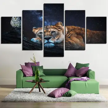 

Wall Art 5 Pieces Home Decor Painting Lion And Owl HD Print Animal Modern Posters Canvas Beast Cuadros Modular Picture For Gift