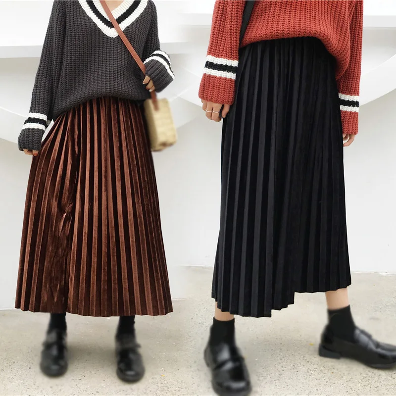 Женская юбка, осень, высокая талия, свободные, большие, Свинг, плиссированные юбки, для девушек, милые, модные, милые, до середины икры, одноцветная, свободная юбка