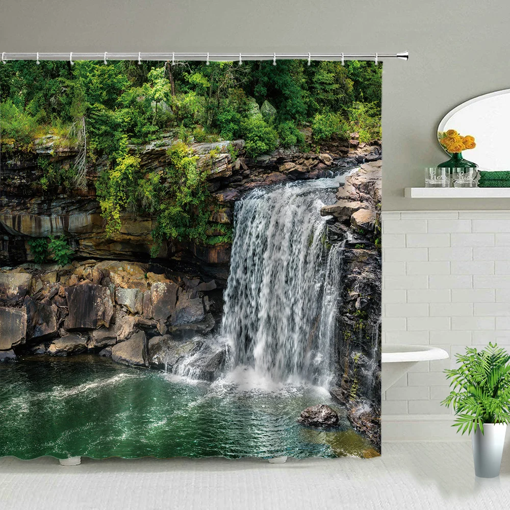 Autumn Waterfall Flow Rock Shower Curtain Waterproof Fabric Bathroom Accessories 