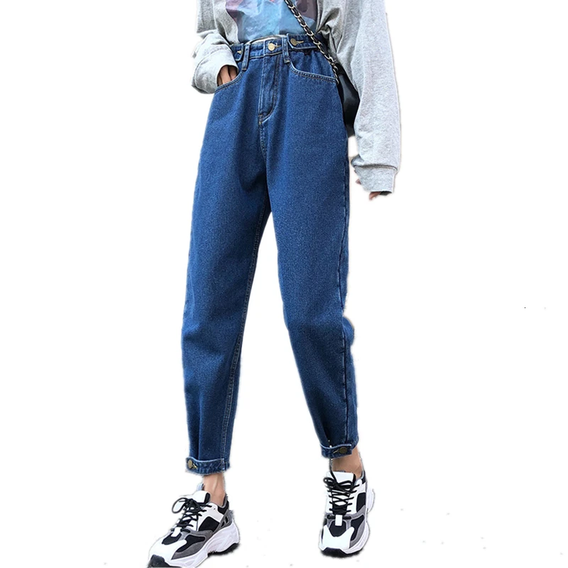 LIBERJOG женские джинсы с плюшевой подкладкой, штаны-шаровары, свободные детские штаны со средней талией, широкие, длиной до щиколотки зима-осень тонкие брюки - Color: deep blue