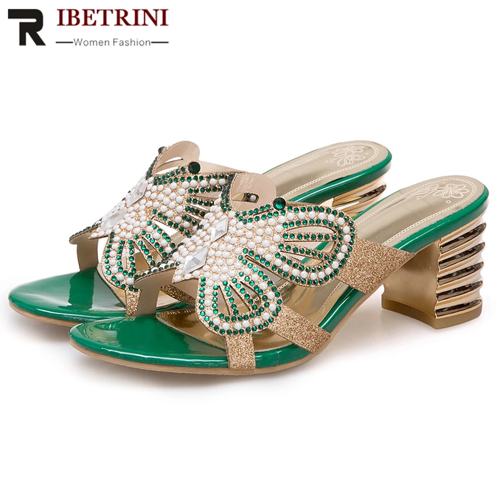 

RIBETRINI Classic Female Fashion Metallic Shoes Woman Elegant Summer Peep Toe Pumps Women Cool Crystal High Heels Mules