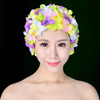 

Women Beach Handmade Long Hair Unique Elastic Free Size Breathable Water Sports Solid Protection Flower Diving Swimming Cap Soft