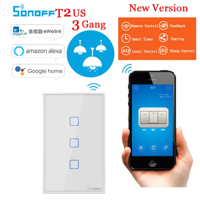 Sonoff TX T2 ЕС США Wifi умный настенный переключатель умный дом дистанционное управление таймер переключатель со стеклянной панелью работа с Alexa Google Home - Комплект: Sonoff t2 US 3gang