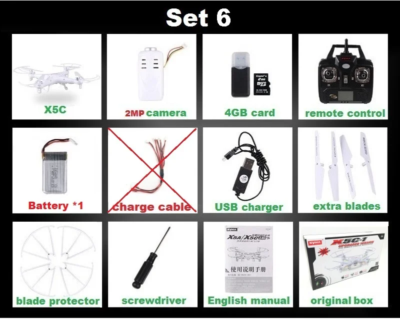 Set6 X5C 2MP 1B B SYMA X5C(обновление версии) дрона с дистанционным управлением 6-Axis Дистанционное Управление вертолет Квадрокоптер Дрон с 2MP HD Камера или X5 дрона с дистанционным управлением без Камера - Цвет: Set6 X5C 2MP 1B B