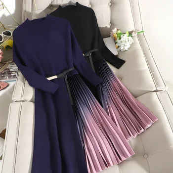 

Elegant Gradient Knitted dresses woman party night Fashion Patchwork Pleated Sweater Dress Long Sleeve High Waist vestidos Mw975
