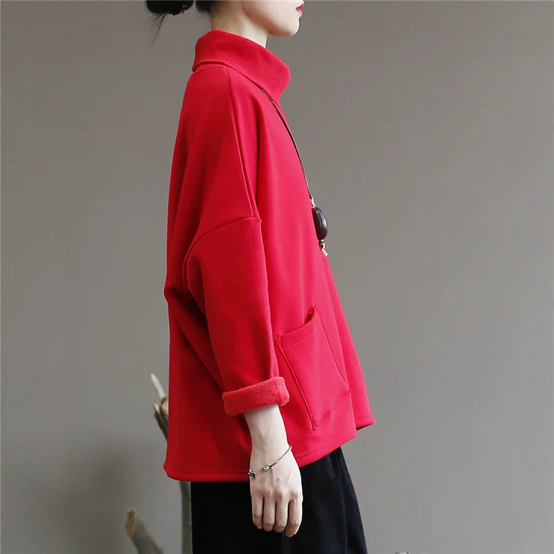 QPFJQD Ladies Turtleneck Pullover Sweatshirt Spring Autumn Long Sleeve Cotton Women Clothes Warm Winter Casual Pocket Sweatshirt
