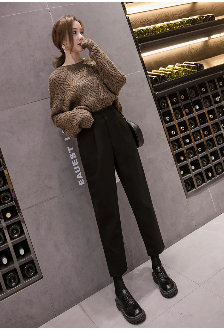 REALEFT Winter Warm OL Style Woolen Harem Pants High Waist Casual Pants Women Female Work Pants Vintage Trousers Pocket New