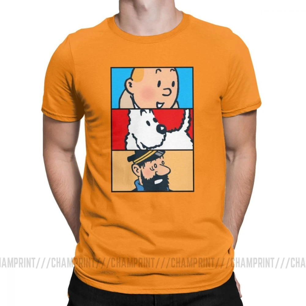 Футболка Tintin Milou Haddock The adventures Of Tintin для мужчин, хлопковая футболка с короткими рукавами, одежда 4XL 5XL 6XL - Цвет: Оранжевый