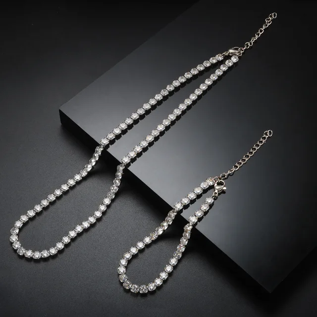 Fashion High Quality Stainless Steel Cubic Zirconia Collar Necklace Rhinestone Bracelet Woman Trendy Jewelry Set Gift Wholesale Silver Set