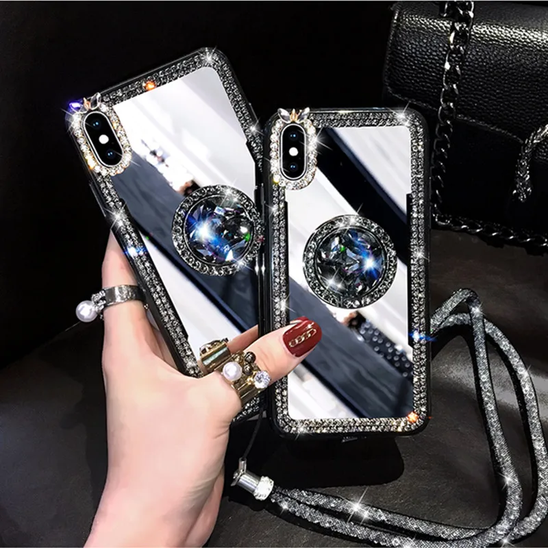 

Mirror Rhinestone Makeup Women Case For iPhone 11 Pro Max 7 8 Plus 6 6s X XR XS Max Glitter Diamond Finger Ring Cover