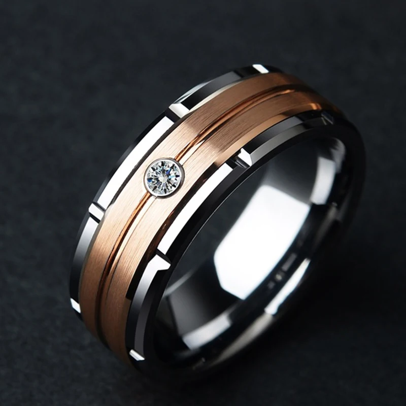 8mm Men's Double Groove Beveled Steel Ring Rose Gold Color Brushed Inlay AAA Zircon Wedding Band Jewelry Gift