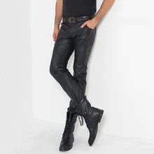 Из натуральной кожи длинные брюки для мужчин Уличная Высокая улица повседневное мотор тонкий обтягивающие брюки Классический Панк Стиль Мода Calca человек