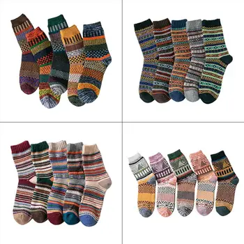 

5 Pairs Ethnic Mens Chunky Knit Crew Socks Geometric Stripes Winter Warm Hosiery