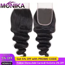 Моника волосы перуанские свободные закрытие глубокая волна человеческих волос Закрытие 4x4 кружева закрытие волос средней/ /3 Часть Закрытие Non-Волосы remy