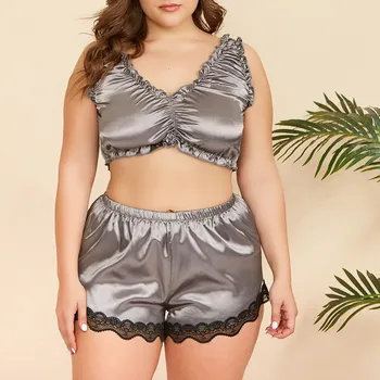

2Pcs Women Sexy Satin Lingerie Underwear Sets Babydoll Nightwear Sleepwear Silk Strap Solid Color Lace Sets Plus Size