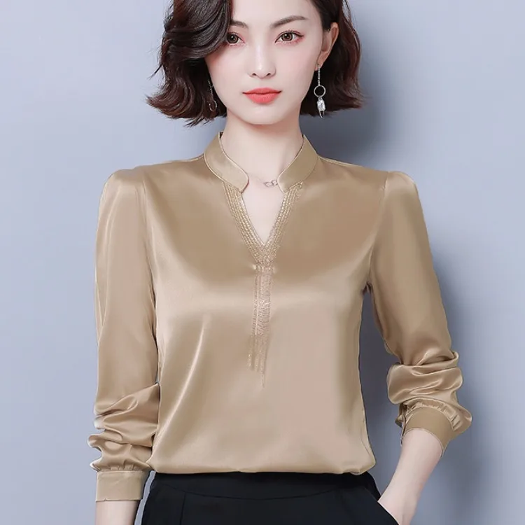 

Autumn Clothing 2019 New Style Women's V-neck Slimming Imitated Silk Fabric Sweater Loose-Fit Mulberry Silk Tops Western Style B