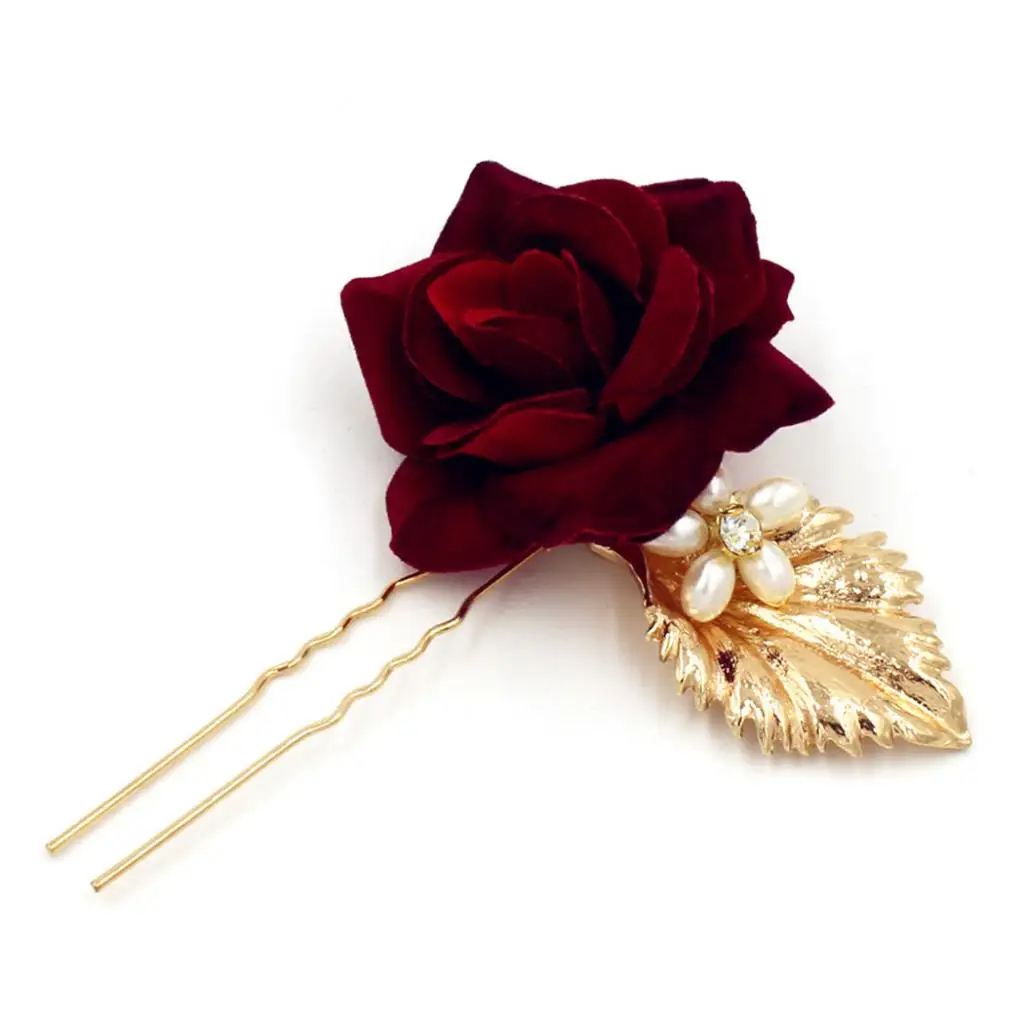 Bridal Pearls Hair Pins Clips Floral Barrette Red Rose Party Hair Jewelry