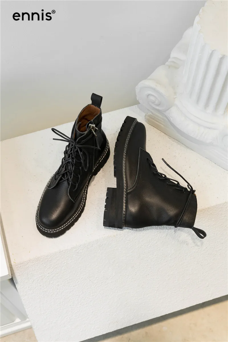 ENNIS Autumn Winter Women Boots Genuine Leather Platform Thick Sole Martin Boots Lace Up Ankle Boots Suede Zip Shoes A9160