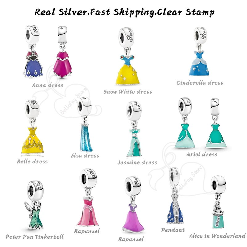 Real 925 Sterling Silver Beads Princess Charms Dress Dangles Fits Pandoras Bracelets Elsa Pendant Girls Gifts bracelet
