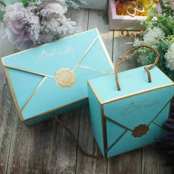 

10pcs Envelop Gold Blue-green Best Wish with Rope Handle Paper Box Cookie Macaron Candy Wedding Birthday Party Gifts Packaging