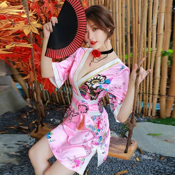 

Kimono Dress Woman 2020 New Japanese Sakura Girl Sexy V-neck Yukata Sleepwear Belt Satin Haori Japan Retro Pajamas Asian Clothes
