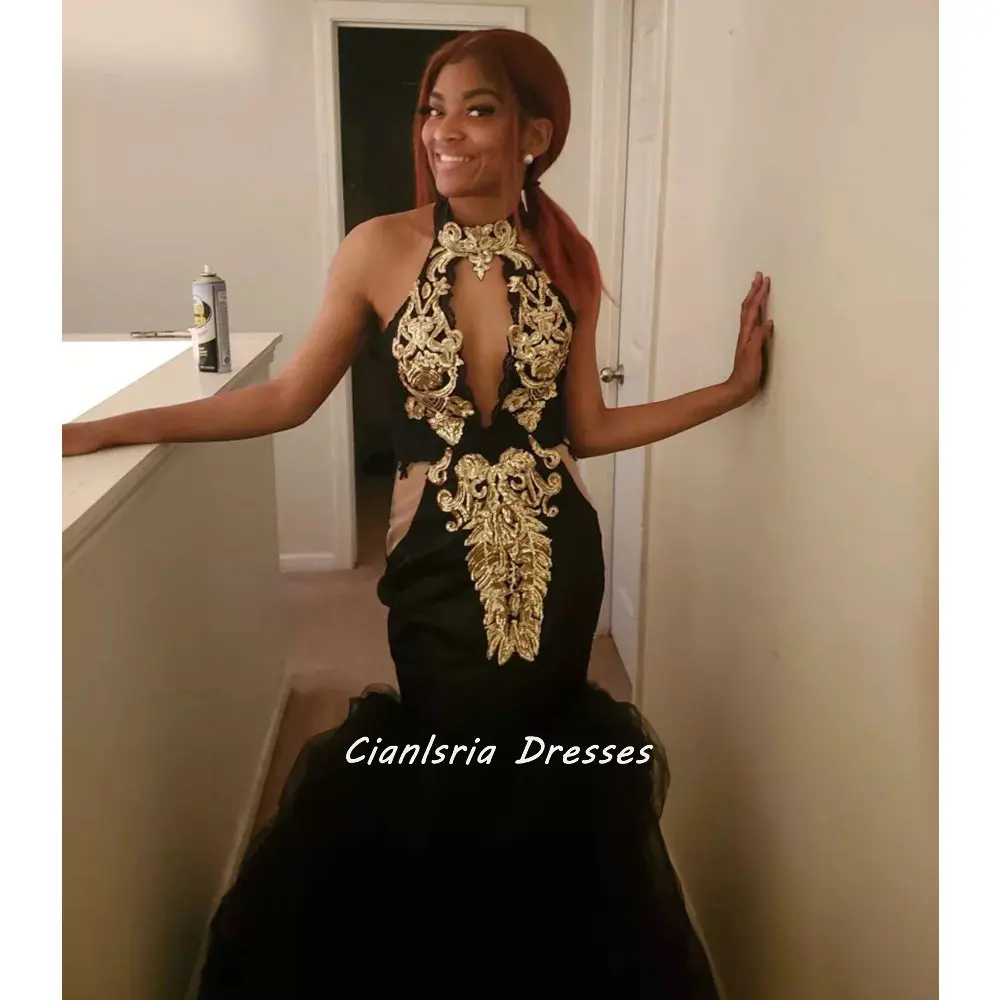 Black Halter Open Back African Mermaid Evening Dress With Gold Appliques  Sleeveless Open Back Formal Party Prom Gown|Evening Dresses| - AliExpress