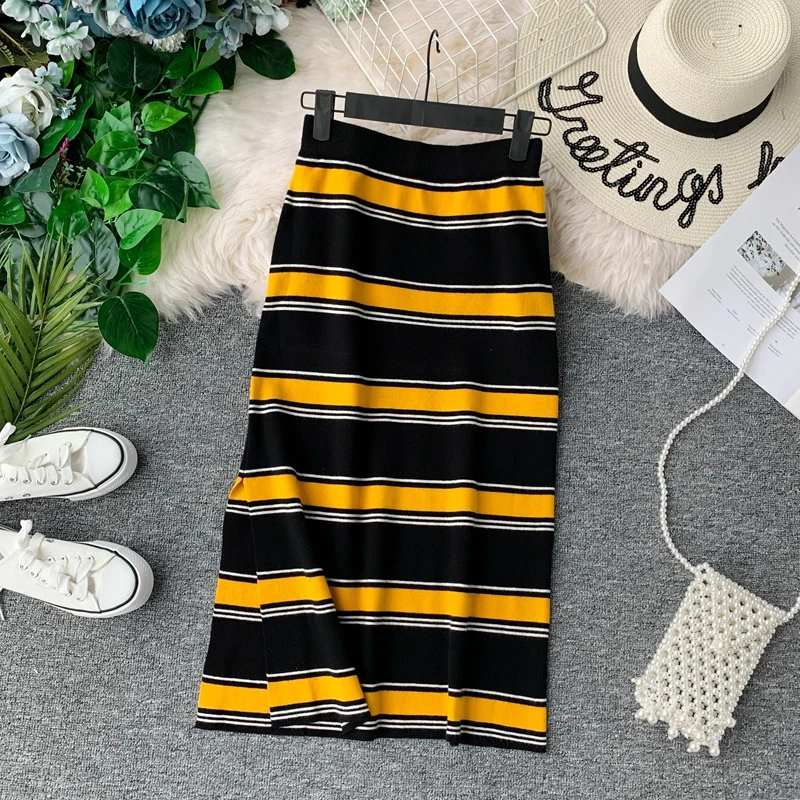Океанlove Осенняя Женская юбка в полоску трикотажная стрейч модная Faldas Mujer Moda Высокая талия панелями женские длинные юбки 12713