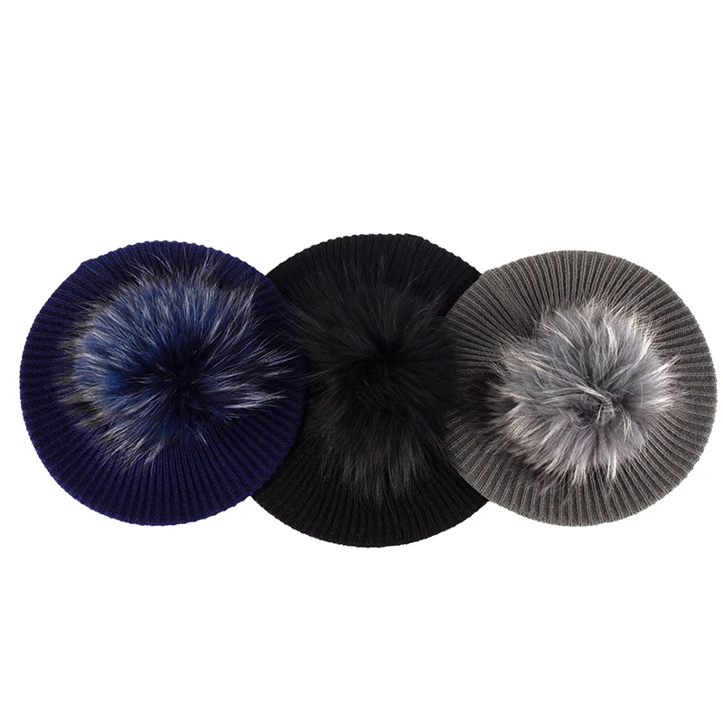 Women's Knitted Elegant Berets Soft With Real Pompom Female Artist Fashion Retro Hats Lady Solid Color French Simplicity Caps 5
