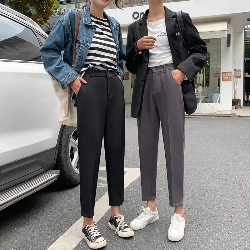 

New Women's Black Gray Ankle-length Pants Korean Casual Solid Slim Large Size High Waist Female Harem Pants 2019 Autumn Winter