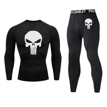 

skull Winter Thermal underwear Sets Men Punisher Compression Gym joggers sport long johns hot underwear Fitness tracksuit warm