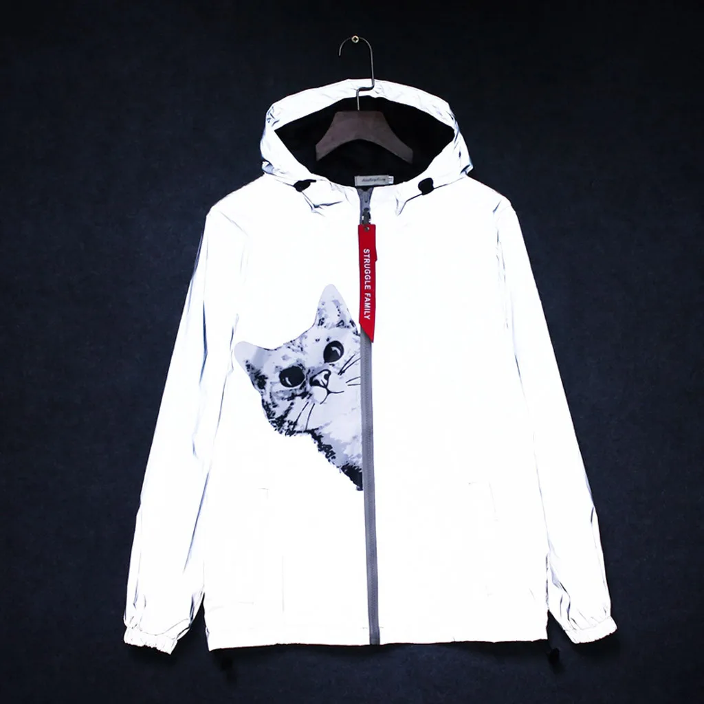 

Cat print full reflective jacket men / women harajuku couple jackets hooded Harajuku style zipper coats jacke Lovers clothing