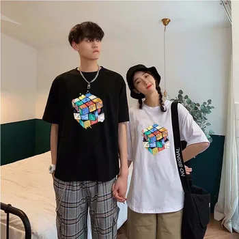 

Fashion helmet Men Casual Japanese T-Shirt Harajuku Punk cartoon cube world Print Unisex Hip-Hop vintage Tops t shirt Streetwear