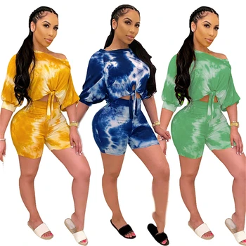 

Tie Dye Print Basic Two Pieces Set Summer Printed Slash Neck Puff Sleeves Short Tops Elastic Waist Short Women Casual Sets