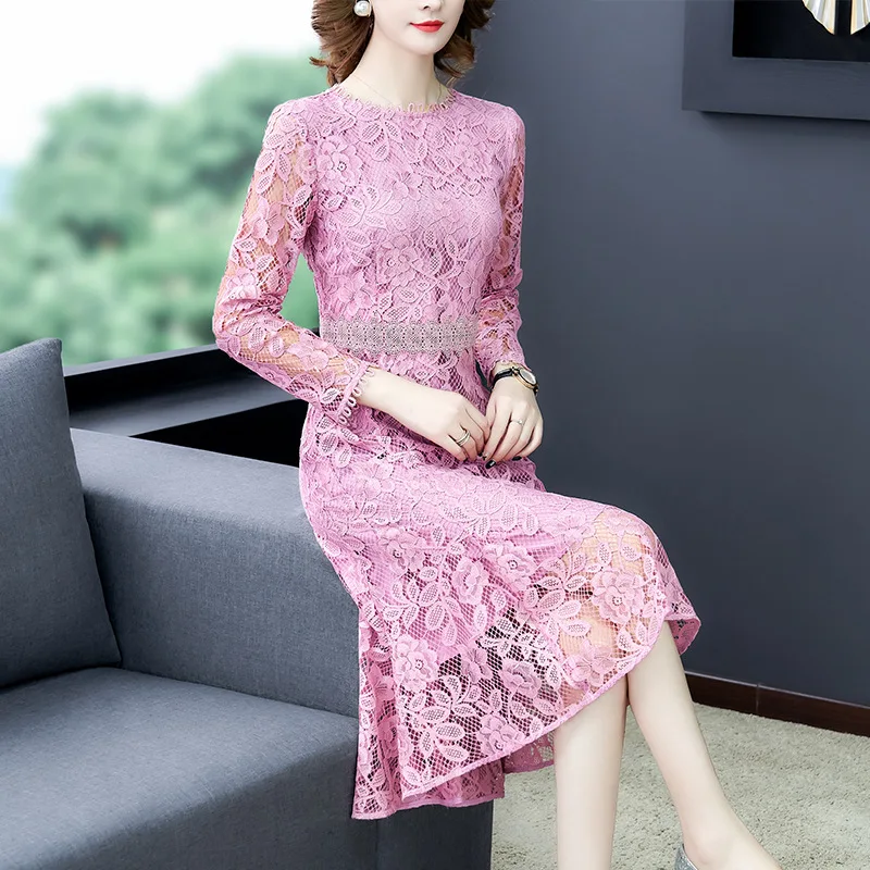 

Europe And America Lace Dress Female Winter Ladies' Elegant Hollow out Slim Fit Mid-length Base Skirt Formal Dress