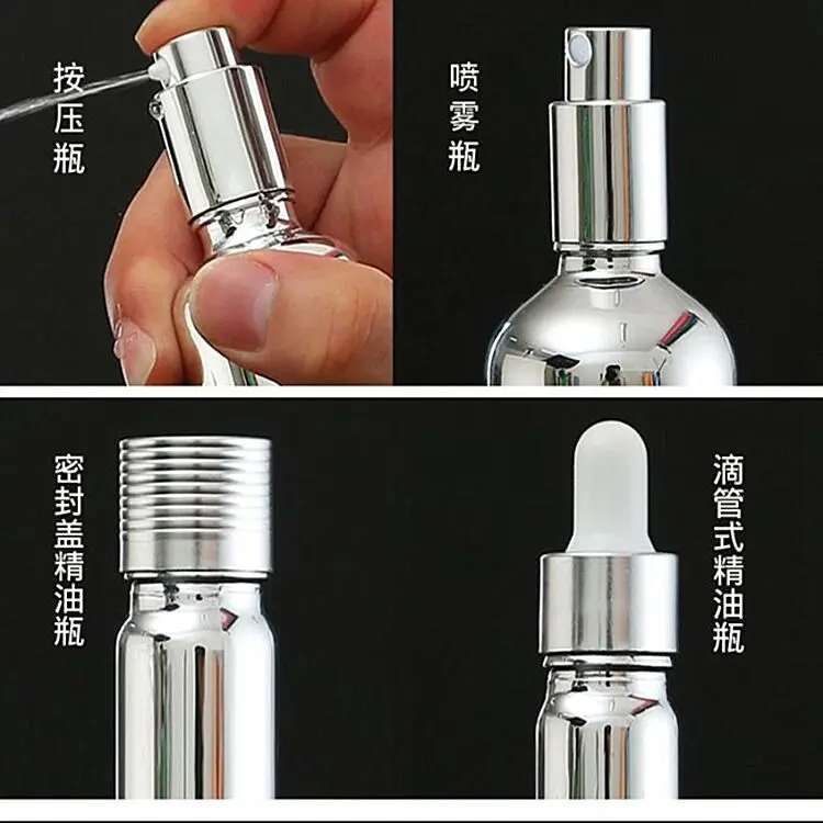 10pcs 10-100ml Electroplating Silver Glass Essential Oil Bottles Cosmetic Serum Lotion Pump Atomizer Spray Bottle Dropper Bottle