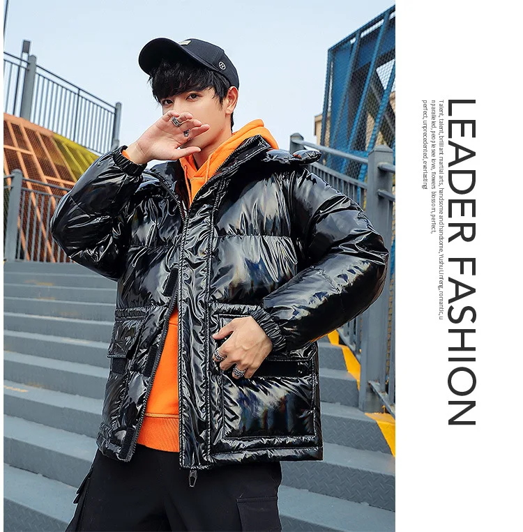 Bright Surface Patent Leather down Jacket Men's Short Popular Brand Hooded Thick Warm Cold Couples down Jacket MEN'S Coat Fashio
