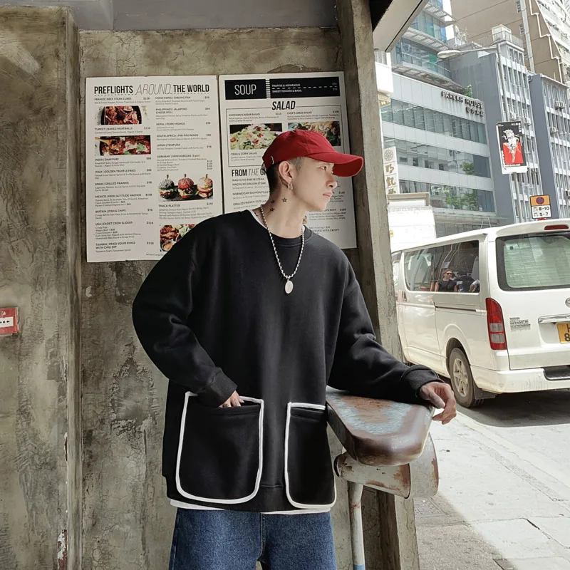 

2019 Autumn Men's New Casual Solid Color Pocket Decoration Round Neck Loose Temperament Trend Cotton Hoodies Harajuku