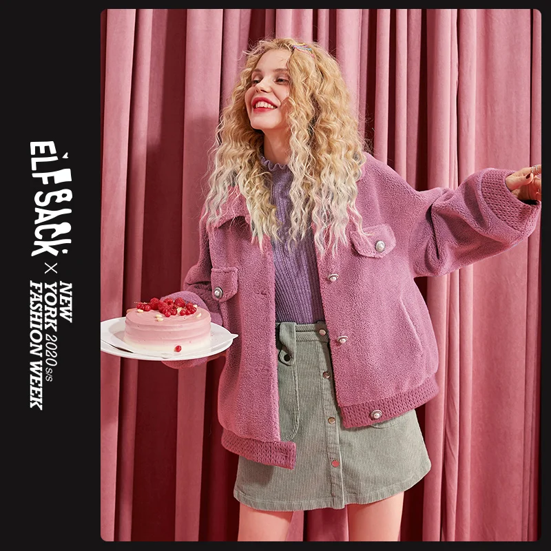 

ELF SACK Solid Pearls Button Minimalist Style Coat Women 2019 Winter New Lantern Sleeve Loose Warm Office Ladies Outwears 194130