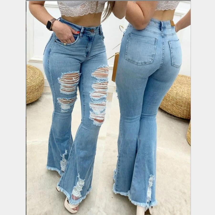 

2020 Autumn Long Flare Jeans Women Pop Spain High Waist Denim Long Trousers For Female Streetwear Lady Bottoms Elegent America