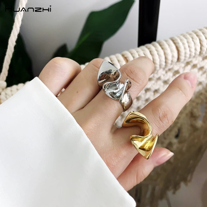 

HUANZHI 2019 Korean New Geometric Distortion Imitation Rock Irregular Skirt Folds Metal Rings for Women Girl Party Vacation Gift