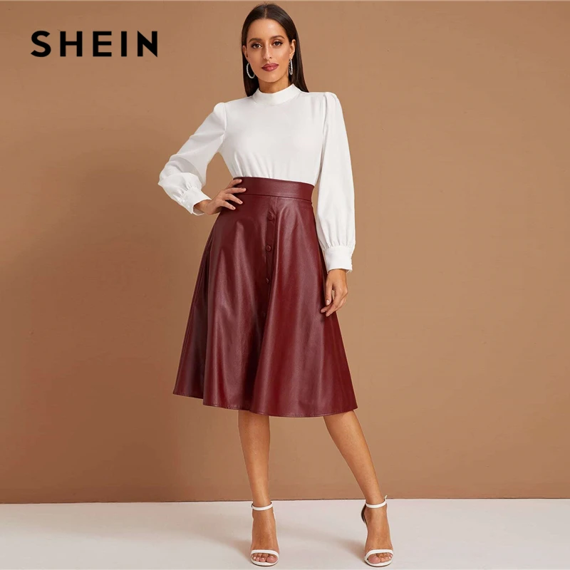 SHEIN элегантные бордовые юбки из искусственной кожи на пуговицах, женские осенние офисные юбки с высокой талией, расклешенная юбка миди из искусственной кожи