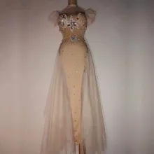 Телесный прозрачный сценический костюм, стразы, бар, день рождения, празднование, Одежда для танцев, наряд для выпускного, женский, певец, бюстгальтер, длинная юбка