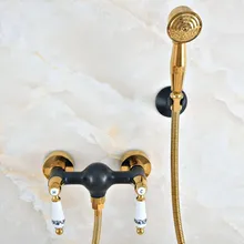 

Wall Mounted Black Gold Color Brass Bathroom Two Ceramic Handles Shower Faucet Mixer Tap Set Telephone Shape Hand Spray ana503