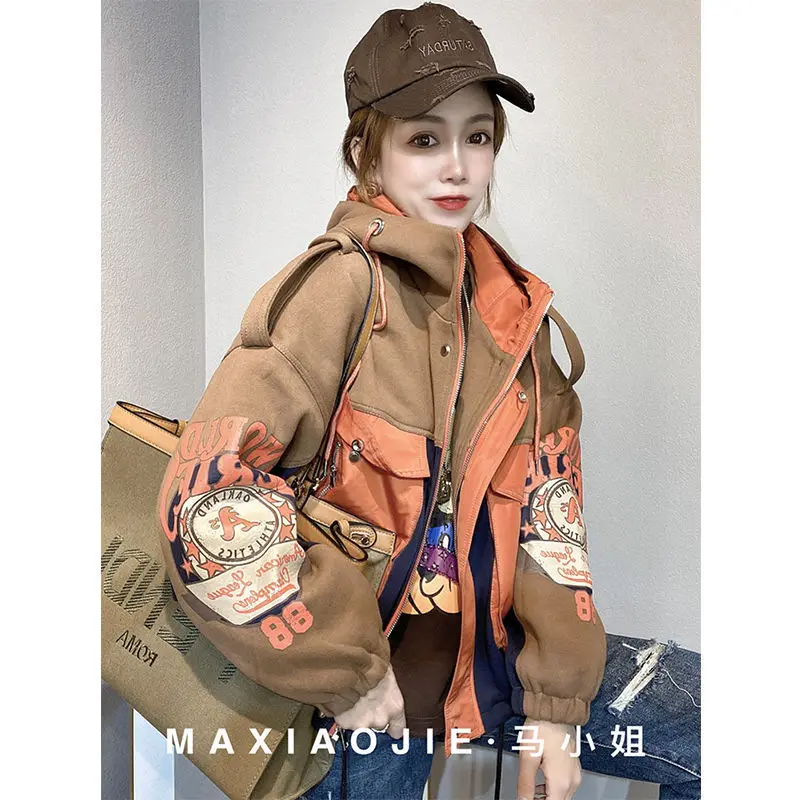 

Ly hooded retro color matching jacket