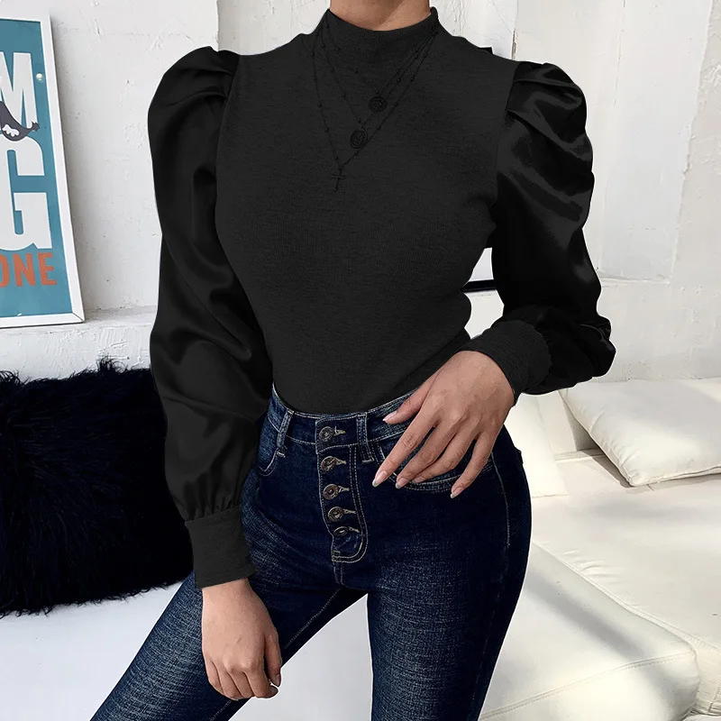 Hot sale 2020 Spring womens tops and blouses new fashion Casual slim round neck pullover Puff sleeves Solid wild Base Shirt top - 4.00046E+12