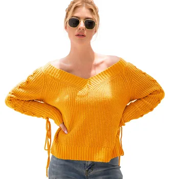 

New Fashion Women's Long Sleeve V Neck Lace Up Winter Sweater Casual Loose Pullover Autumn Sweater Sueter Mujer Invierno 2019
