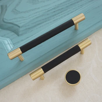 

3.75" 5" Black Leather Drawer Handles Copper Round Dresser Knobs Modern Kitchen Cabinet Pulls Handle Closet Handles 96 128mm