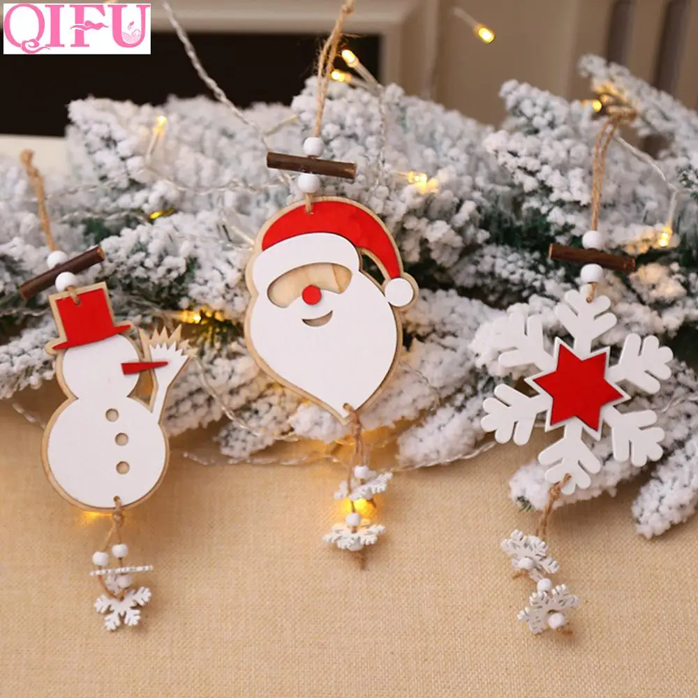 

QIFU 1pcs Wooden Christmas Ornaments Christmas Tree Decorations 2019 Noel Santa Claus Snowflake Pendants Christmas Party Decor